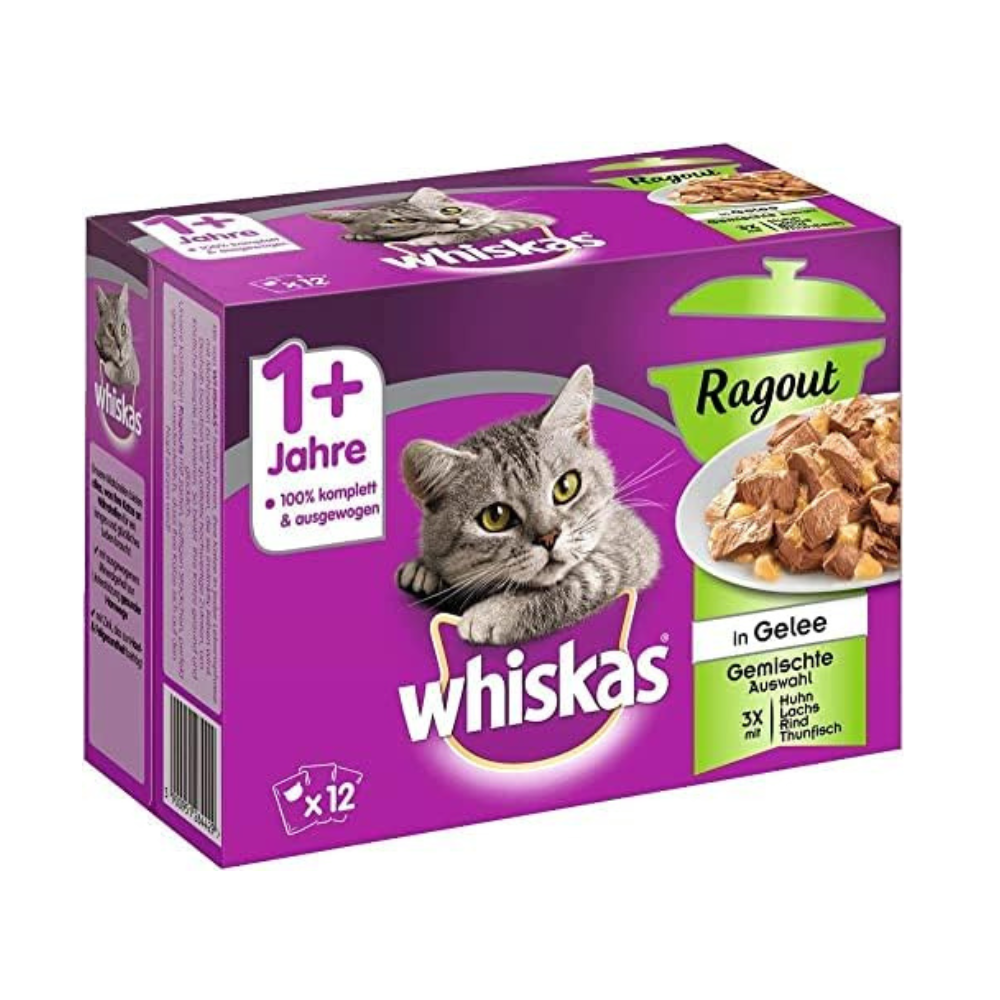 Whiskas 1 + cat food ragout - mixed selection in jelly - high quality wet food with important ingredients, 4 x 12 x 85g (packaging may vary)