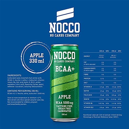 NOCCO BCAA+ Apple 24 x 330 ml Amino Acids Drink without Caffeine and Sugar - Carbonated Sports Drink for More Performance and Better Regeneration