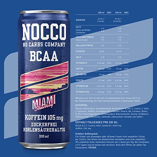 NOCCO BCAA Energy Drink Pack of 24 – Sugar-Free Vegan Energy Drink with Caffeine, Vitamins and Amino Acids – Caribbean Pineapple, 24 x 330 ml (Miami)