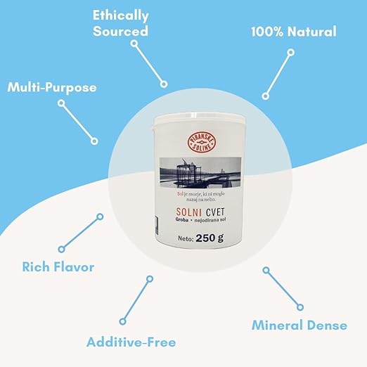 Solni Cvet - Fleur de Sel 250g (Protected Designation of Origin) - Pure Organic and Unrefined Sea Salt - Good for Cooking and Table Salt (Pack of 12)