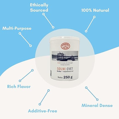 Solni Cvet - Fleur de Sel 250g (Protected Designation of Origin) - Pure Organic and Unrefined Sea Salt - Good for Cooking and Table Salt (Pack of 12)