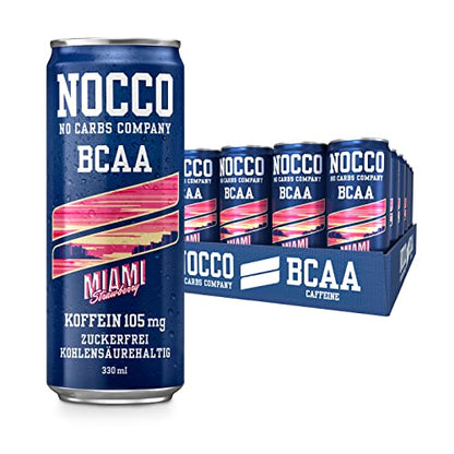 NOCCO BCAA Energy Drink Pack of 24 – Sugar-Free Vegan Energy Drink with Caffeine, Vitamins and Amino Acids – Caribbean Pineapple, 24 x 330 ml (Miami)