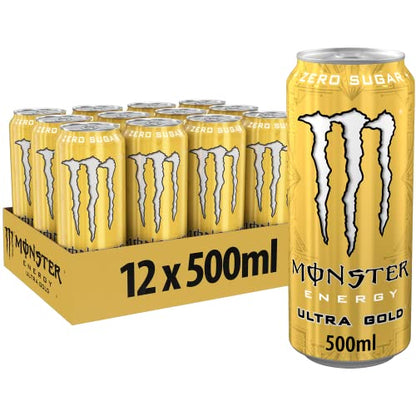 Monster Energy Ultra Gold - Caffeinated Energy Drink with Fruity Pineapple Flavour - No Sugar and No Calories - in Practical Disposable Tins (12 x 500 ml)