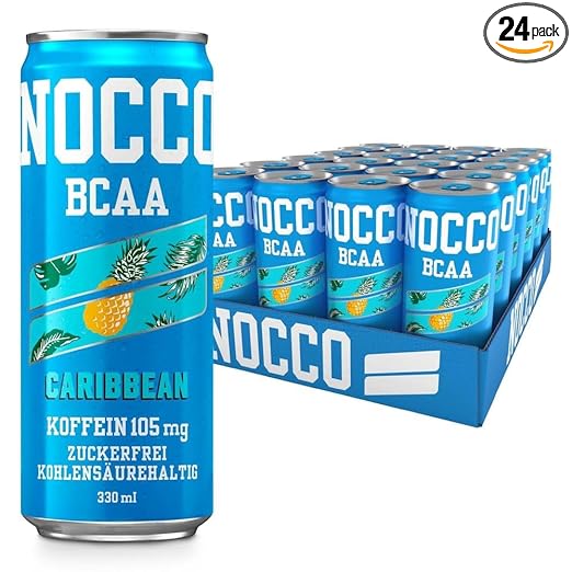 NOCCO BCAA Energy Drink Pack of 24 – Sugar-Free Vegan Energy Drink with Caffeine, Vitamins and Amino Acids – Caribbean Pineapple, 24 x 330 ml (Caribbean)