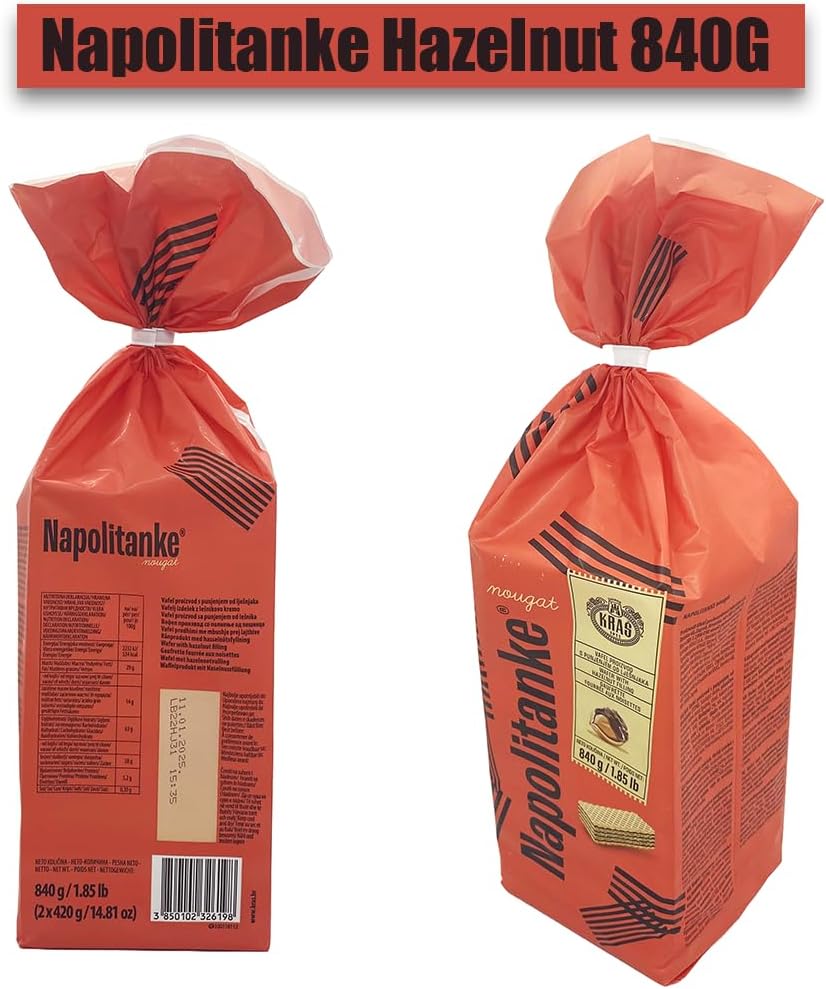 NAPOLITANKE KRAS Premium Waffles - Premium Waffle Biscuits with Delicious Milk, Chocolate Cream, Hazelnut, Lemon and Orange Fillings - Various Sizes (840 g Hazelnut, 2 Pieces)