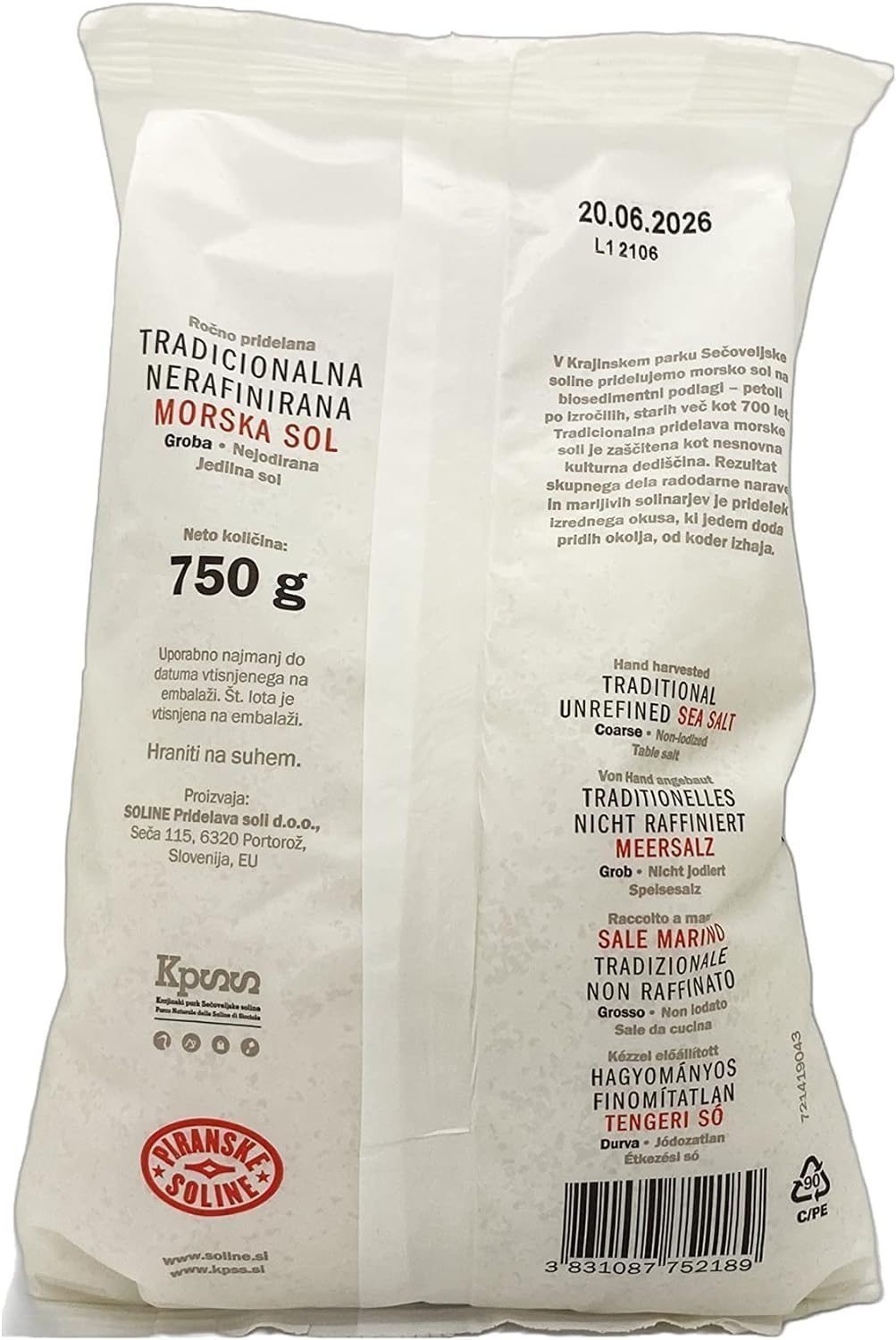 Traditional Coarse, Non-Iodinated, Unrefined Sea Salt (750 Gram Bag) - Pure Organic and Unrefined Sea Salt - Good for Cooking and Table Salt (26 oz) (1)