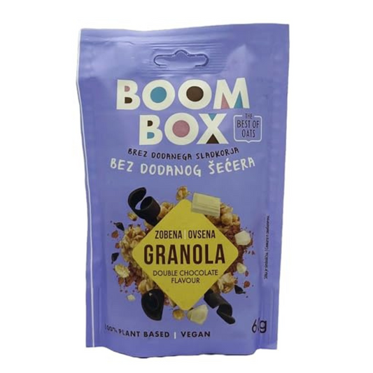 Pack of 16 - Boom Box Muesli (Double Chocolate (60g))Brand	Sorin Flavour	Double Chocolate (60g) Age range (description)	adult Item form	Flaky Specialty	Proteinreich